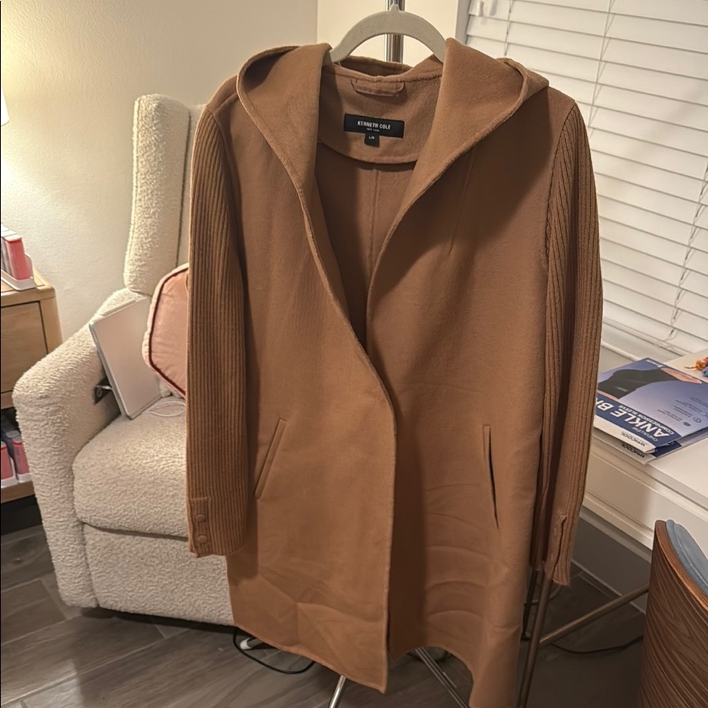 Kenneth Cole Brown Hooded Coat with Ribbed Sleeves